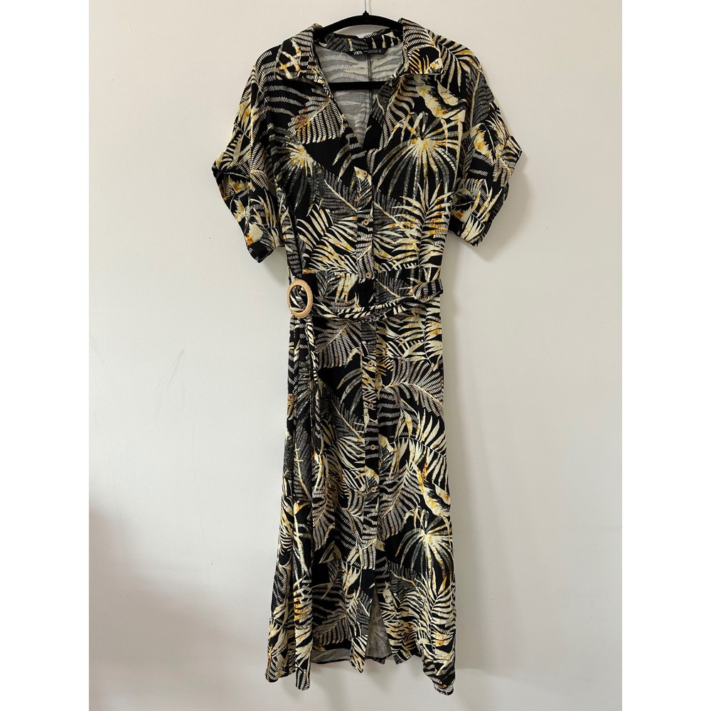 Zara Tropical Linen Palm Print Midi Shirt‎ Dress Womens Medium Black Yellow Boho